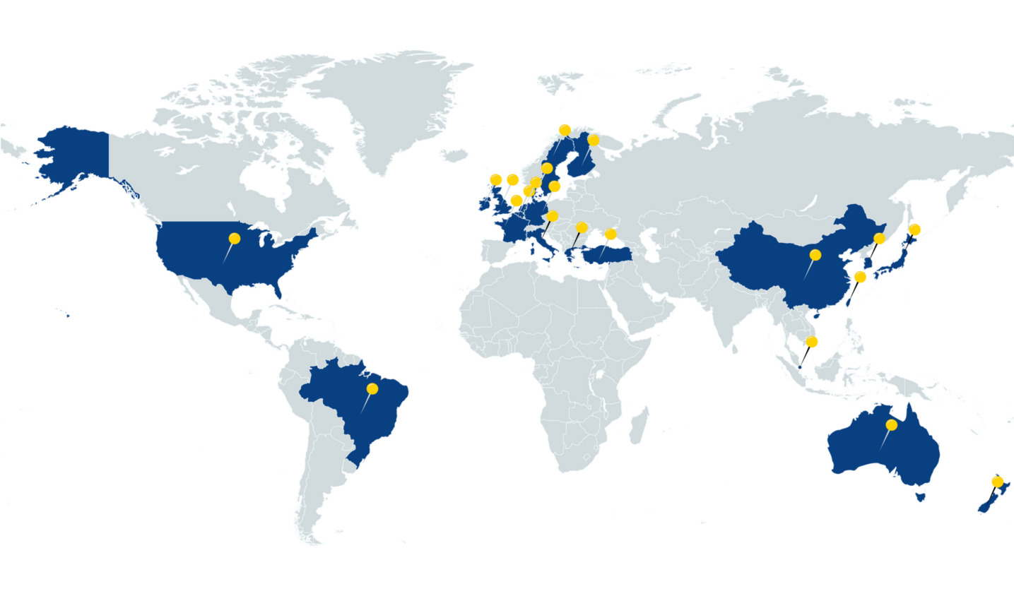 World map with highlighted countries representing the home countries of some of CCMs Alumni.